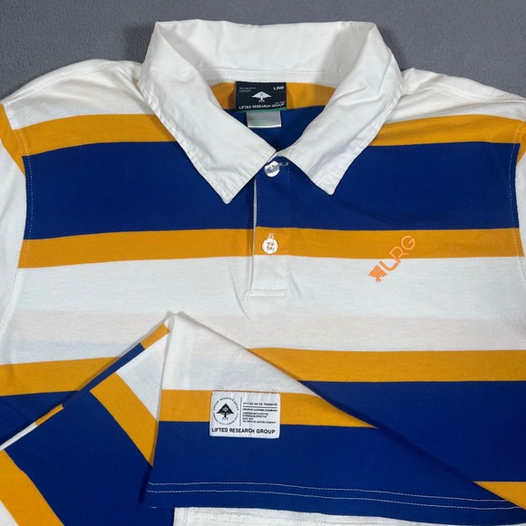 LRG Lifted Research Group Polo Shirt White Blue‎ Striped Y2K 2000s Preppy Mens L - Picture 1 of 8